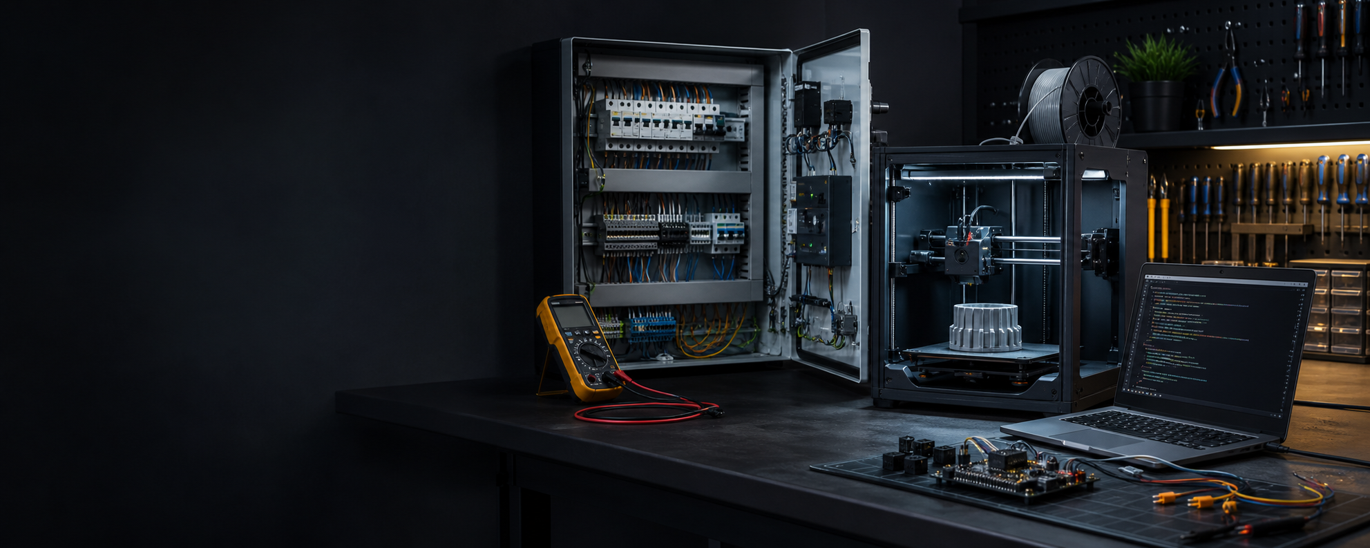 Rozdzielnica elektryczna, drukarka 3D i stanowisko programistyczne